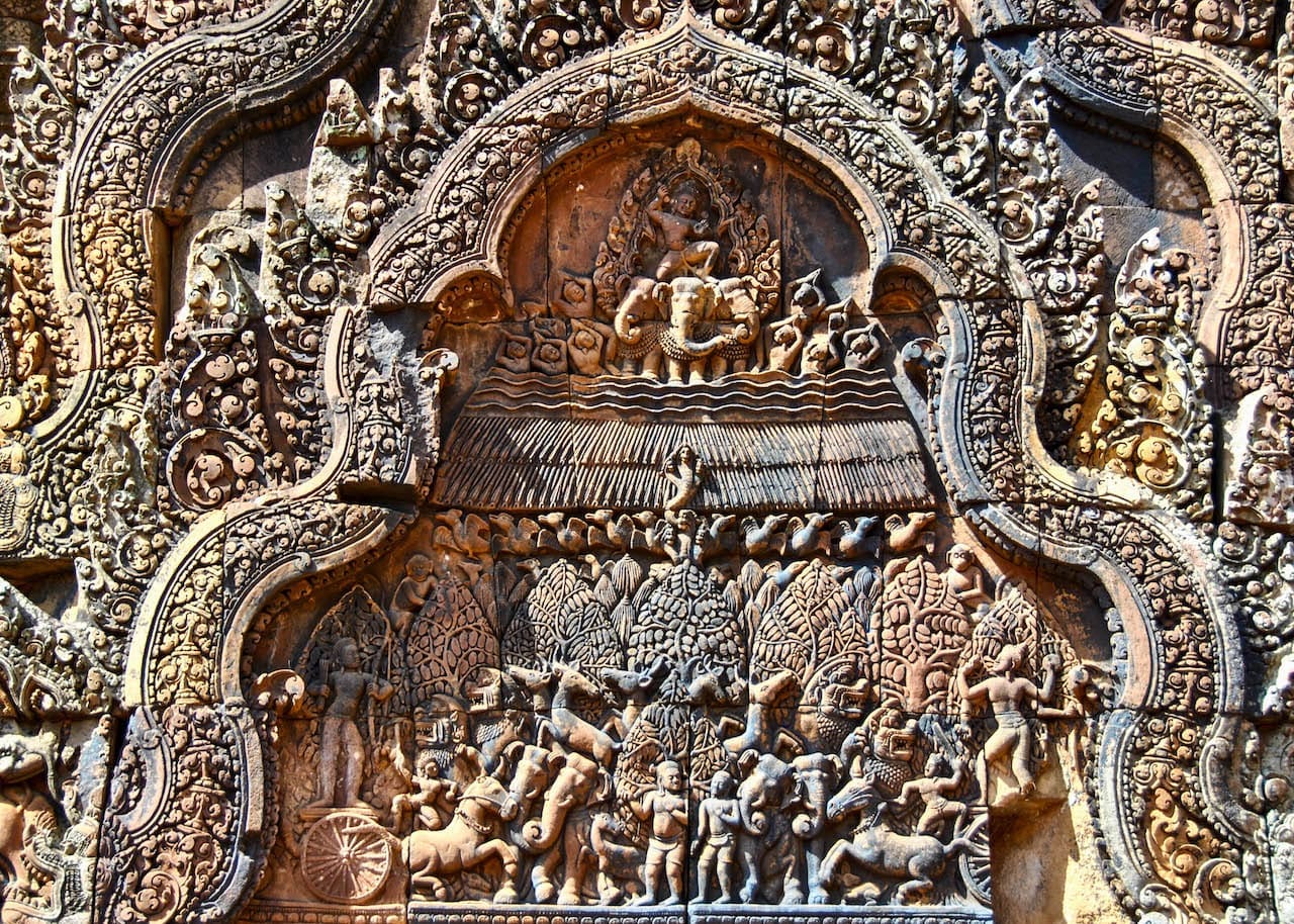 A close up of the elaborate stone carvings at Angkor Wat.