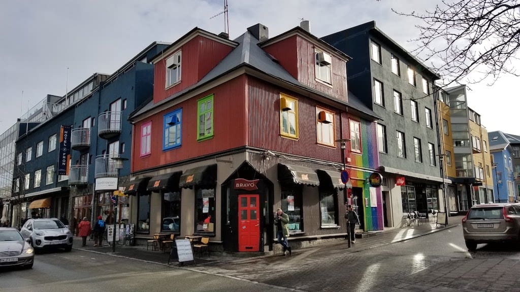 A photo of Iceland's symmetrical housing. Kiki Bar – Reykjavik's only gay bar – is visible.