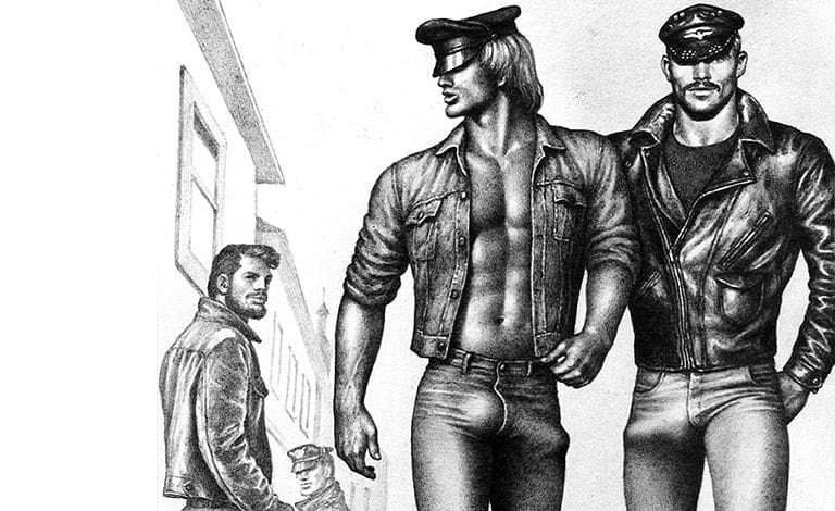 An erotic art piece by Finnish artist Tom of Finland. It features three gay leather men.