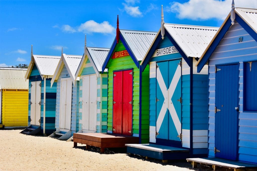 Colourful beach sheds lined up in Melbourne.