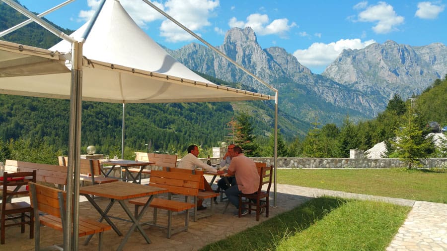 The outdoor terrace at Hotel Margjeka in Valbona, Albania.