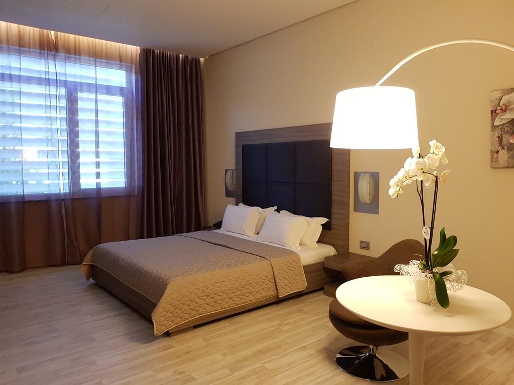 A standard bedroom at Skyhotel in Tirana, Albania.